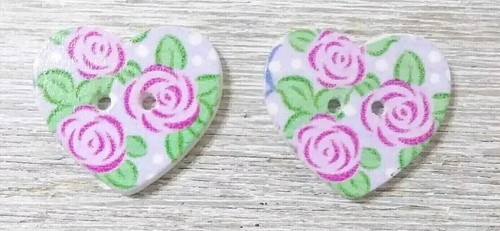 flower heart wood sewing buttons 2 holes crafts 1 inch #16 pink green 2pc