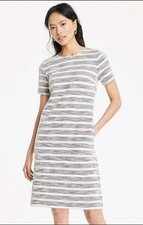 Ann Taylor Textured Stripe Knit Tweed Shift Dress White Grey Preppy Pockets Sz L