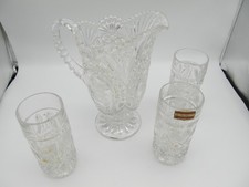 Hofbauer BYRDES Pitcher Lead Crystal (24%) Etched Saw Tooth w/ 3 Tumblers     GJ