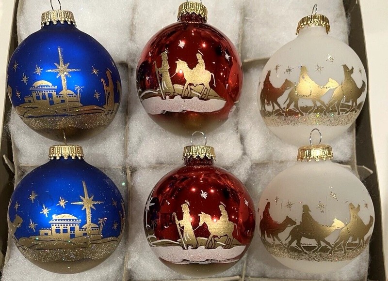 6 Vtg 1960s Glitter Nativity Scene Bethlehem Wise Men Camels Xmas Ornaments wBox