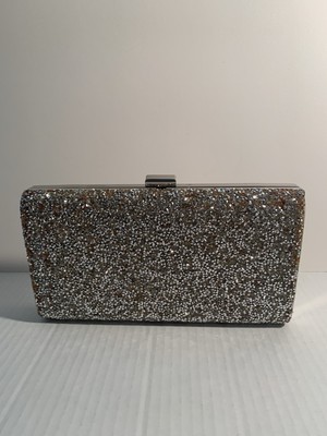 Evening bag silver and glitter reversible sides with over body chain