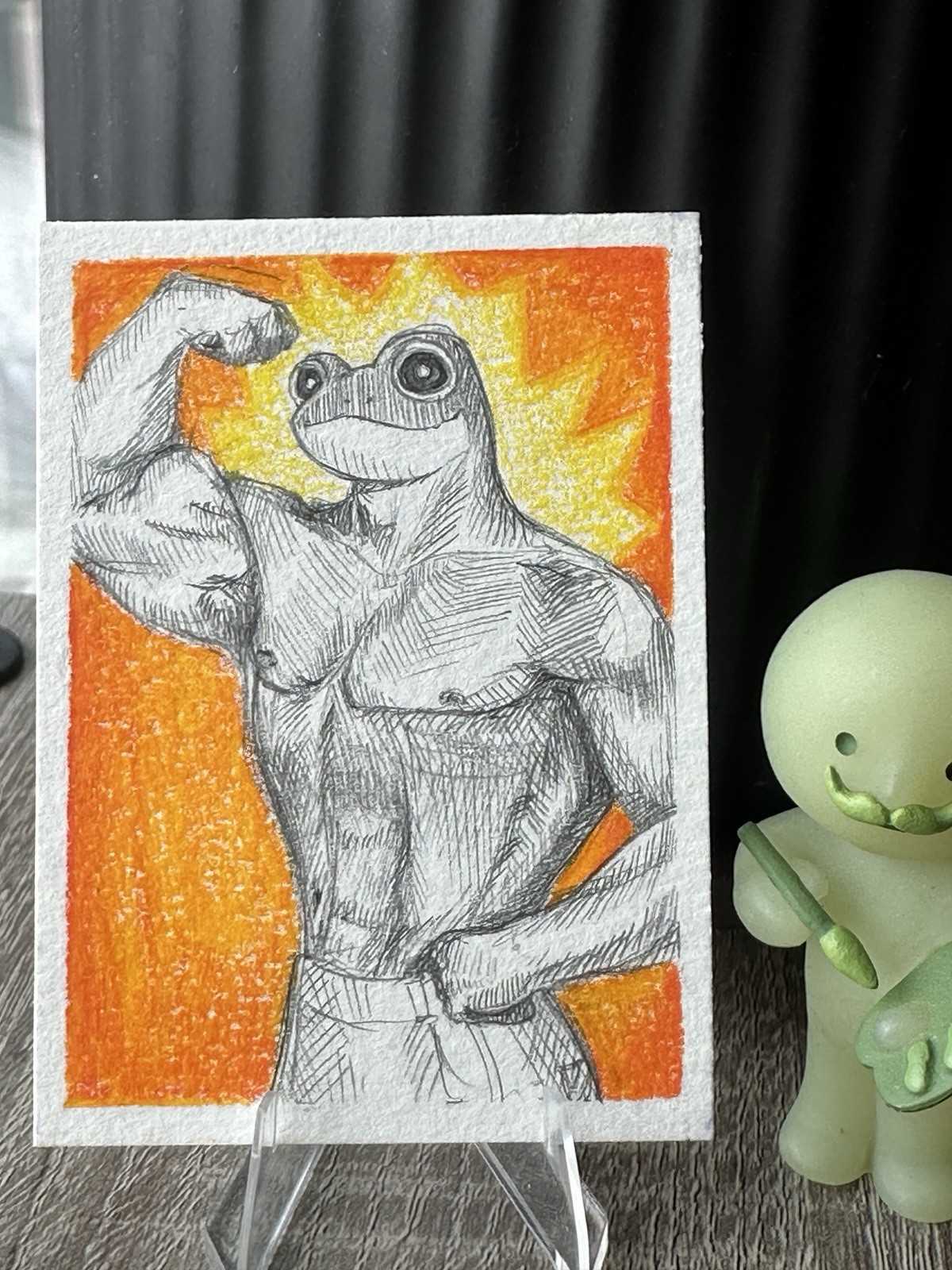 ACEO Original Art Froggo “Buff Froggo” by Backbrush 2.5 x 3.5 Mixed Media