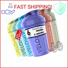 VELOMIX -6 PACK- 20 OZ Protein Shaker Bottles for Protein Mixes, Shaker Cups for