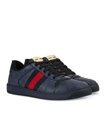 Gucci Men's Screener GG Navy Blue Leather Canvas Sneakers Men's Size 12 US