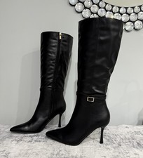 Women’s Black Knee High Stiletto Heel Boots Pointed Toe Side Zip Faux Leather