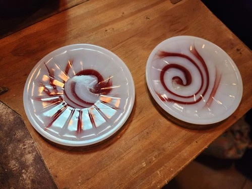 2 Vintage Akro Agate Children's Round Saucer  Oxblood White Red 3 1/4"