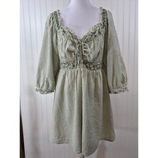 American Eagle Green Stripe Embroidered Cottagecore Puff Sleeve Mini Dress Large