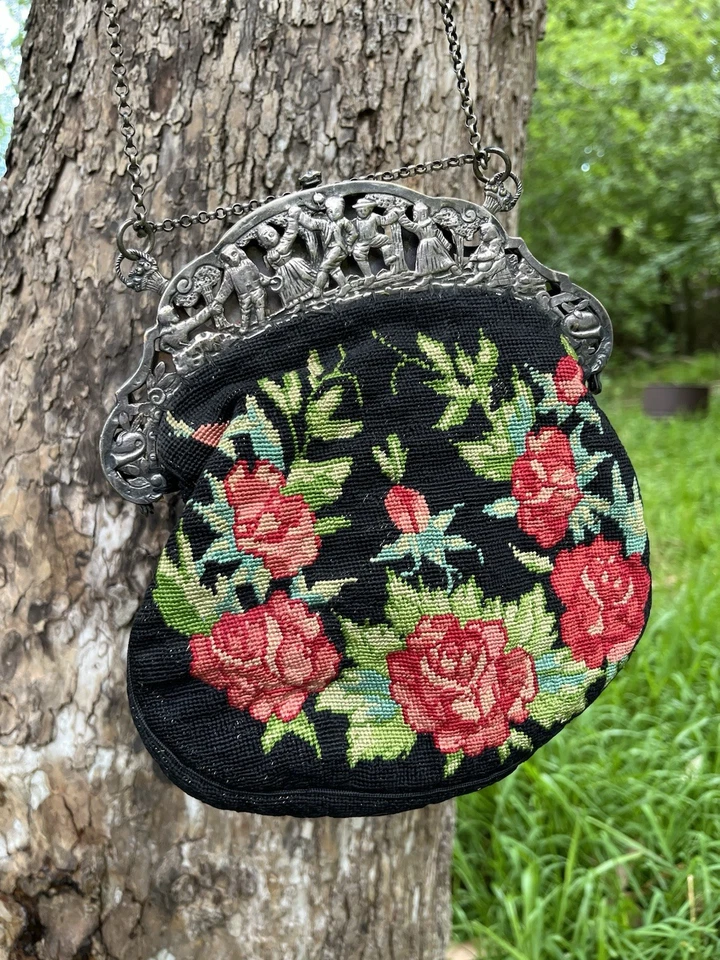 Cartera de noche Chatelaine 1920 de colección marco plateado y pequeño punto Art-deco Foto 4 de 4