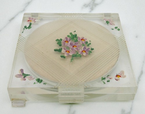 Polvo Acrílico Lucite Vintage Años 40 Compacto Pintado a Mano Floral Mediados de Siglo