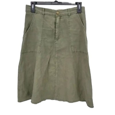 Artisan NY Linen Skirt Womens Olive Green A-Line Knee Length Belted Pockets S
