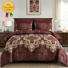 7 Pieces Burgundy Comforter Set King Size, Damask Bed in a Bag for King Bed, Lig