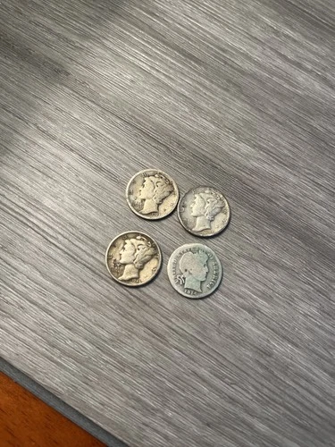 4 Barber & Mercurry Silver Dimes 1914, 1923, 1943, & 1945
