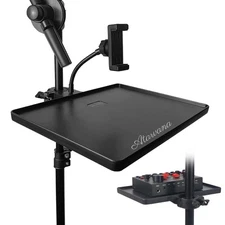 Universal Microphone Stand Tray with Phone Holder, Mic Stand Clamp-On Utility