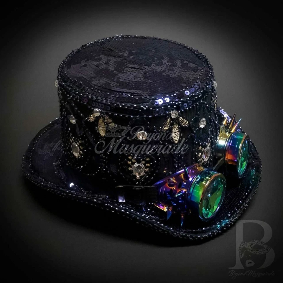 Steampunk Hat | Navy Blue Sequin Hat with Kaleidoscope Goggles FS1217 - Image 3 of 4