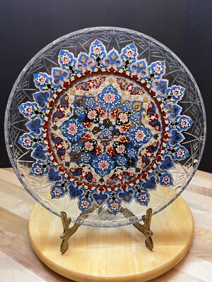 Pasabahce Tezyinlitabak Turkish Handpainted Cut Crystal 12'' Platter Signed