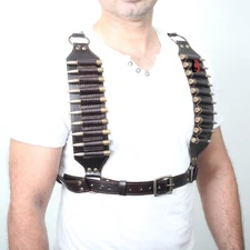 Cowhide Leather Rifle Cartridge Bandolier Belt and Chest Harness Hunting Ammo