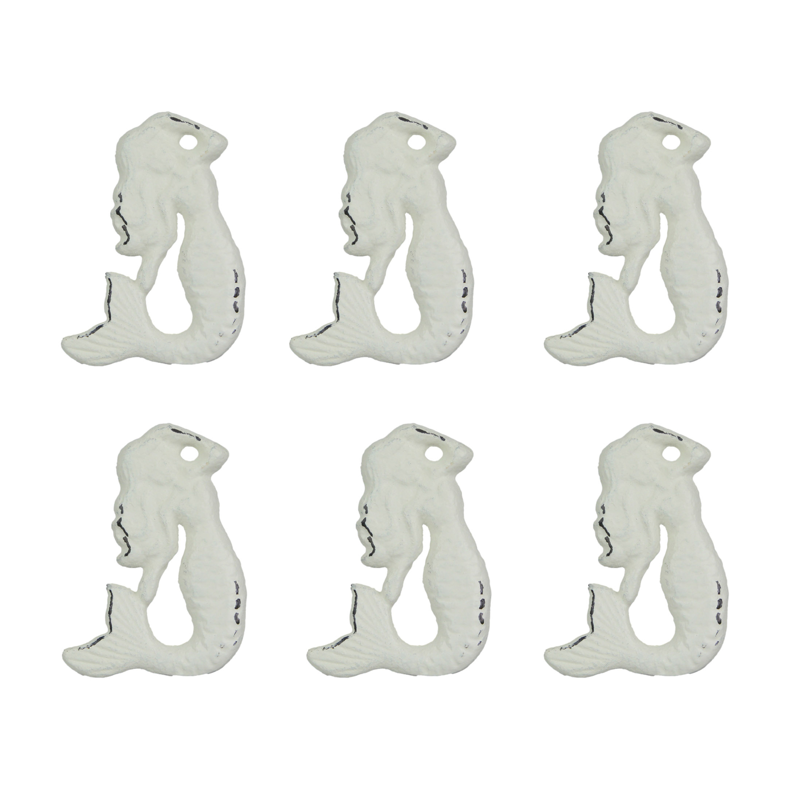 Set of 6 White Painted Cast Iron Mermaid Drawer Pull Rustic Furniture Decor Knob