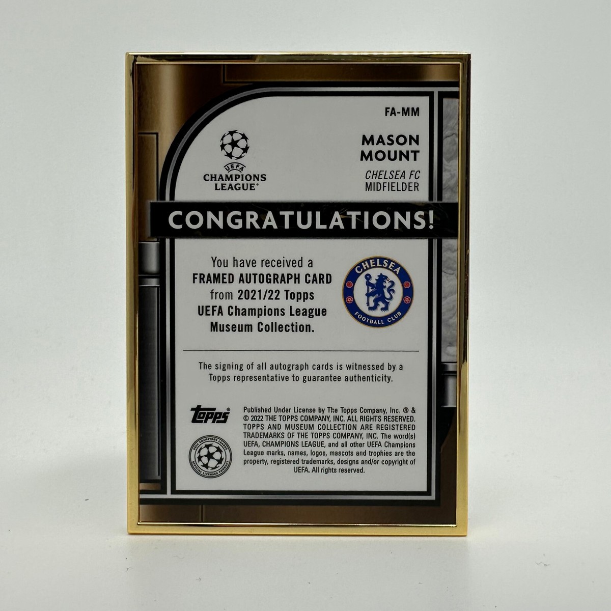 TOPPS サッカーカード MUSEUM COLLECTION MOMENTOUS MATERIAL MASON MOUNT CHELSEA 146/199 #AJR-MM 送料無料 中古 IT1 2021-22 Topps Museum UCL Mason Mount Gold Framed Auto