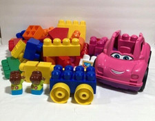 Lot of 46 Multicolor Mega Bloks Building Blocks plus Pink Car and 2 Girl Figures