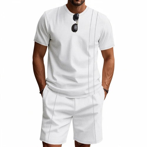 American Summer Men's Waffle Knit Short Sleeved Shorts Set Cotton Street Wear - Picture 4 of 25