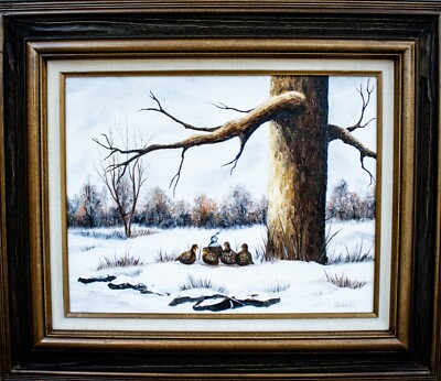 Vintage Snow Quails Birds by the Lonely Tree Landscape Scene 22''L x 26''W