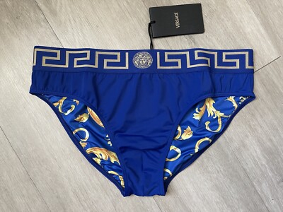 NWT Versace Mens Greca Border Swim Brief Blue Size 6 Large