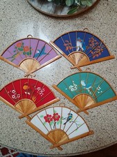 Vintage Lt of 5 Oriental Fabric Bamboo Wall Art Fans Hand Painted Birds