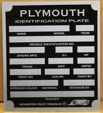 Etiqueta de placa de número de serie de identificación de datos en blanco PLYMOUTH 3,875 x 3,5 PLYMOUTH