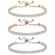 2pcs Women Girls 4MM Round Cubic Zirconia Adjustable Tennis Bracelet Chain Gift
