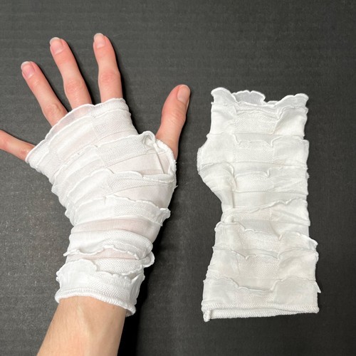 Ruffle Gloves White Mummy Hand Warmers Bandage Fishnet Arm Covers Ghost Costume - Picture 2 of 4