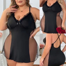 Womens Sexy Lingerie Lace Sheer Nightdress Halter Dress Babydoll Nighty G-string