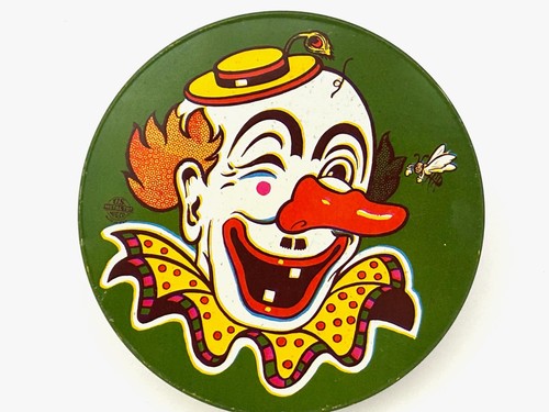 2 Vintage Tin Litho Clown Noisemakers Round Spinning 4" Kirchhof Metal Toy Co - Picture 3 of 8