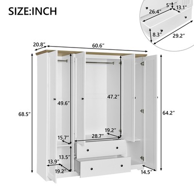 Wood Wardrobe 4 Doors Armoire Closet Storage Cabinet Clothes Organizer 2 Drawers