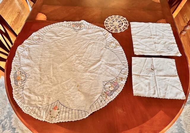 Vintage Linens - Doily, Embroidered Table Center, Embroidered napkins