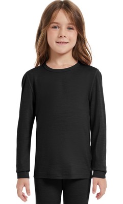 Unisex Kinder Merinowolle Basisschicht, 100 % Merinowolle Thermo Oberteil 9/10 Jahre schwarz