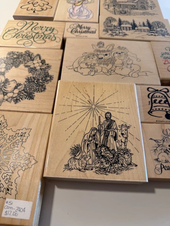 Lot Of 18 Christmas Holiday Craft Stamps Various Wood Block Stamps Mostly Large - Image 3 of 4