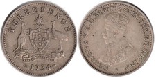 Australia: 1934 Three Pence KGV silver 3d Variety arrow close to 4