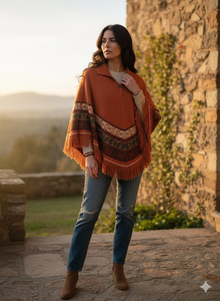 ASARBOLSEM Women's OS Rust Orange Superfine Alpaca Poncho Bolivia Fringe Read
