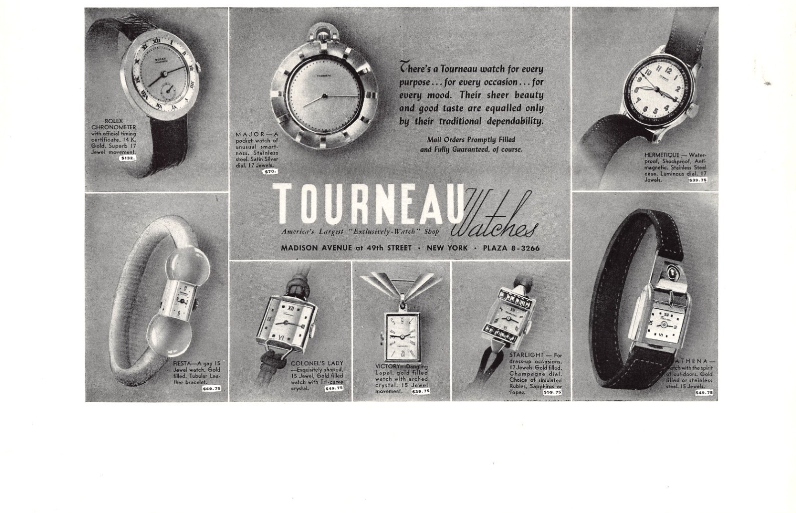 Tourneau Watches Rolex Major Hermetique Fiesta Athena 1942 WWII Vtg Mag Print Ad