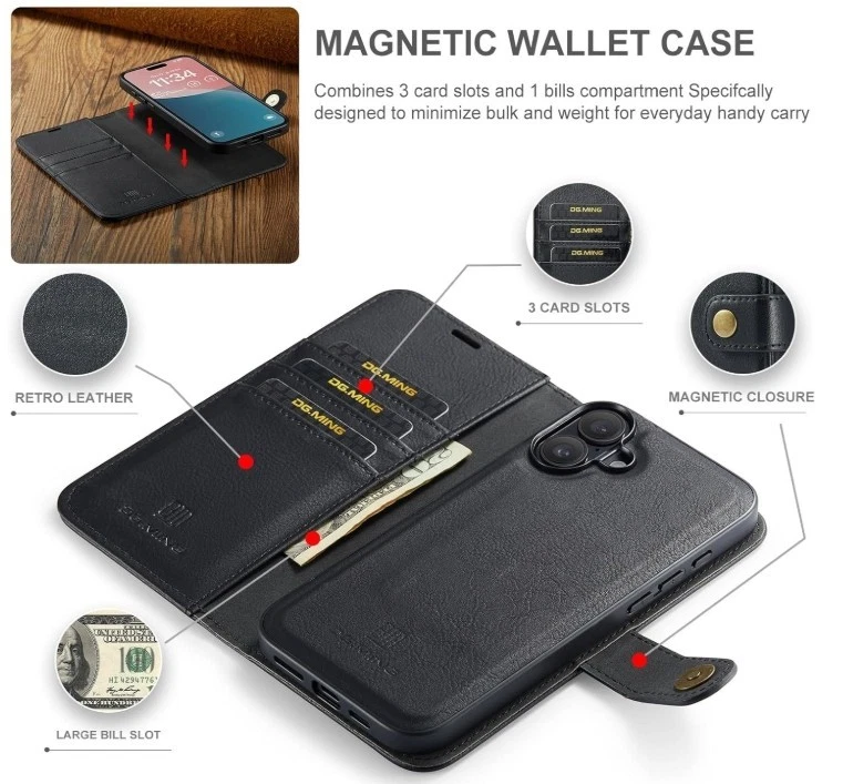 Funda tipo billetera de cuero DG Ming para iPhone 17, vidrio templado libre Foto 4 de 4