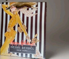 Henri Bendel Striped Brown White Paper Shopping Bag Special Edition Holiday New