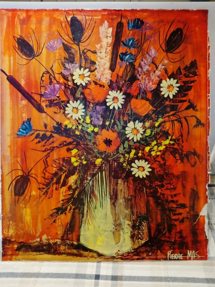 A signed 1970s Pierre MAS original retro floral wall art in mod orange — actual vintage with provenance that you simply can't manufacture.