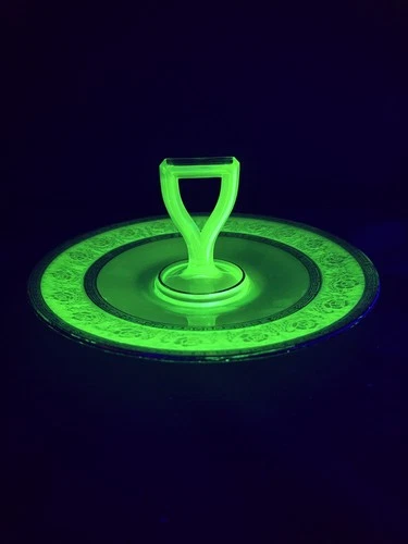 Uranium Green Depression Glass Gold Floral Handled Sandwich Server Tidbit Tray