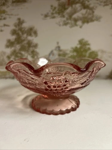 Vintage Depression Pink Pedestal Candy Dish Bowl Grape Motif  3” Tall 5” Mouth