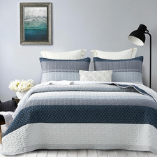 Quilt Set King Size 3Pcs,Soft Microfiber Lightweight Bedspread,Blue  Navy Strip