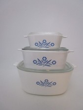 3 Corning Ware Blue Cornflower Casseroles Stacked Set Pyrex Clear Lids