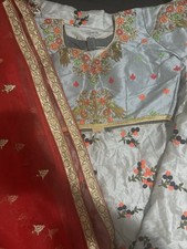 Indian Lehenga Elegant Blue Gray and Red Embroidered Blouse Skirt Desi Dupatta