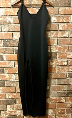 Black Fitted Bodycon Dress High Slit Spandex &Polyester Sexy  Spaghetti Strap