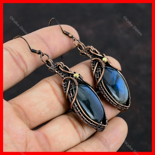 Labradorite Gemstone Wire Wrapped Wedding Anniversary Drop Hook Earrings Copper - Picture 5 of 6