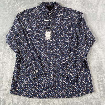 Hart Schaffner Marx Shirt Men Large Blue Birds Botanica Tropical Summer Resort